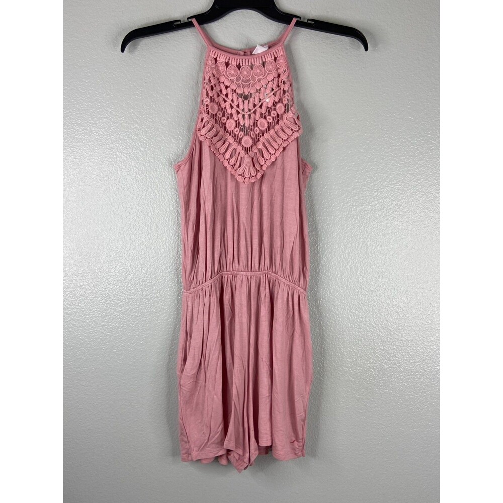 CY Fashion Women Large Pink Romper Crochet Yoke Panel Casual Summer
